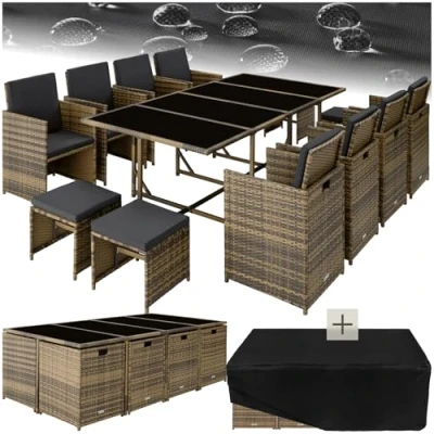 Afbeelding van tectake® Wicker tuinloungeset Polyrotan tuinmeubelset, 8+4+1 zitgedeelte, 8 stoelen, 4 krukken, 1 tafel Incl. beschermhoes, voor tuin, balkon, terras natuur/donkergrijs
