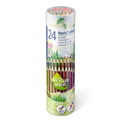 Afbeelding van STAEDTLER Noris Colour 185 MD24 kleurpotloden, zacht antislip oppervlak, hoge breukvastheid, gemaakt van gerecycled hout, intense kleuren, zeshoekig formaat, 24 kleurpotloden