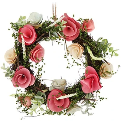 Afbeelding van COM FOUR® Lentedeurkrans met houten bloemen decoratieve tafelkroon decoratiekroon hanger diameter ca. 30 cm
