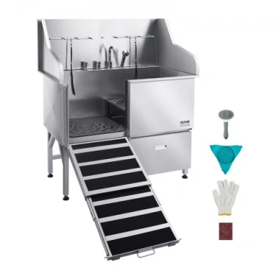 Image de VEVOR Baignoire de Chien Animaux Compagnie Acier Inox 127,5cm Rampe Porte Gauche