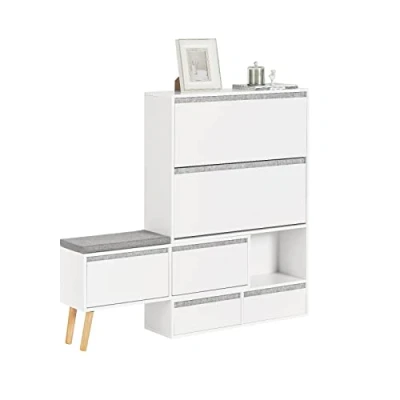 Afbeelding van SoBuy Schoenenkast, schoenenkast met 1 afneembare opbergbank op poten, halmeubel 2 kleppen, deuren, laden en zitkussen (124 92) x 24 126 cm, FSR134 W
