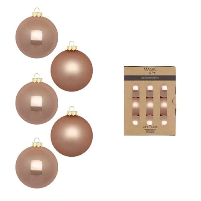 Afbeelding van Set van 24 glazen kerstballen, 3 cm, mat en glanzend, mini kerstboomversiering, beige, gouden sesam