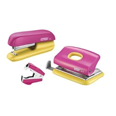 Image de Rapid funky lot de 1 agrafeuses manuelles set scolaire complet agrafeuse+perforateur+ôte agrafes rose jaune