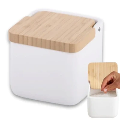 Afbeelding van KOOK TIME Keuken Zoutpot Keramische zoutdoos met bamboe deksel, perfect voor grof zout en fijn kleur: Wit 11,2 x cm.