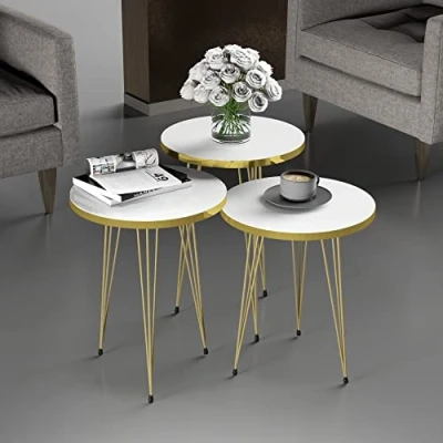 Afbeelding van Bijzettafel Ry set van 3 rond wit en goudkleurig