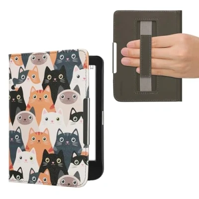 Afbeelding van kwmobile E reader hoesje geschikt voor Kobo Clara BW / Colour hoes flip case met magneetsluiting Ereader cover Katten design in oranje zwart wit
