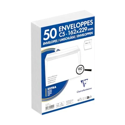 Afbeelding van Clairefontaine 2542C, verpakking met 50 witte enveloppen, C5, 162 x 229 mm, zelfklevend, 90 g/m²
