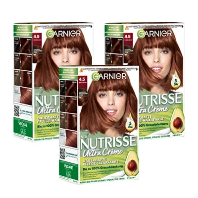 Afbeelding van Garnier Nutriisse Crème Haarverf Bruin 45 Chocolade voor permanent haar (met 3 Naaiende Oliën) Pack (3 x 1 stuk)
