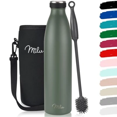 Afbeelding van Milu Roestvrijstalen drinkfles, 350 ml, 500 750 1000 1,5 l, thermosfles, geïsoleerde waterfles, dubbelwandig, lekvrij, geschikt voor koolzuur (olijfgroen, 1 l)