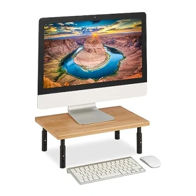 Afbeelding van Relaxdays In hoogte verstelbare schermstandaard 16 x 42 26,5 cm (h b d), bureaubladverhoger, naturel/zwart, bamboe, roestvrij staal
