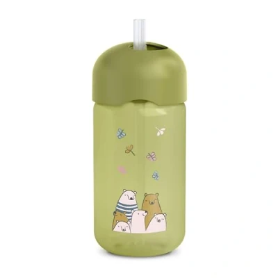 Afbeelding van Suavinex, Educatieve mok voor kinderen met rietje van zachte en flexibele siliconen, druppel vlekbestendig, vaatwasmachinebestendig, dop, 340 ml, +18 maanden, My Family Verde