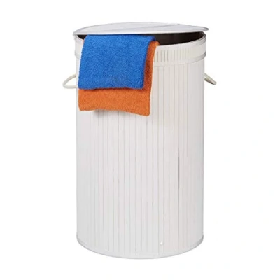 Afbeelding van Relaxdays wasmand bamboe ronde wasbox met deksel 63 x 40 cm 65 liter wit