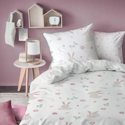Afbeelding van MATT &amp; ROSE Little Lapin beddengoed voor kinderen, 100% katoen, Oeko Tex, dekbedovertrek 140 x 200 cm, kussensloop 63 meisjesprint, wit
