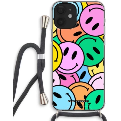 Afbeelding van Case Company® hoesje met Koord geschikt voor iPhone 12 Smiley N1 Telefoonhoesje Zwart Extra Bescherming aan alle Kanten en Over de Schermrand
