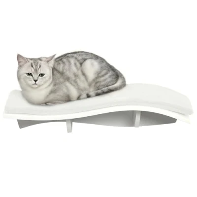 Afbeelding van PawHut Kattenbed kattenligbed wandbed pluche MDF grijs wit 53x28x12 cm