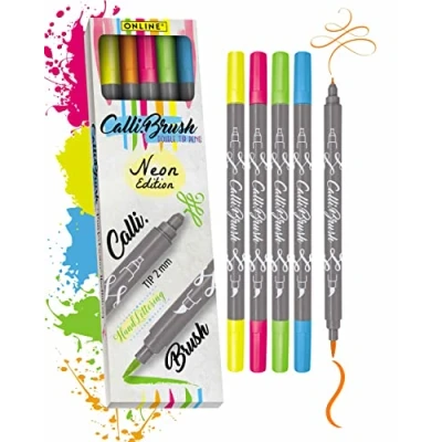 Afbeelding van Calli.Brush Neon Set 5 stuks kalligrafiepennen met twee zijden (2 mm kalligrafie en flexibele penseelzijde) voor handlettering/bullet journaling/creatief schrijven