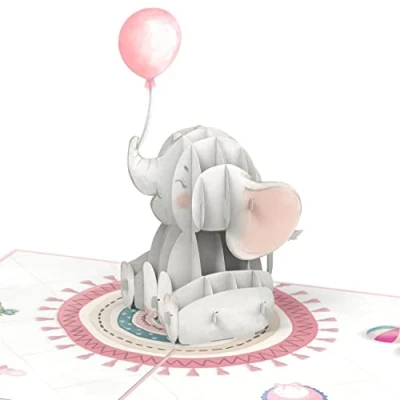 Afbeelding van papercrush® Pop up kaart baby olifant (roze) 3D geboortekaart voor meisjes, felicitaties of geldcadeau de geboorte van felicitatiekaart kleinkind