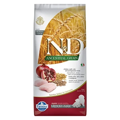 Afbeelding van 12kg Ancestral Grain Puppy Medium &amp; Maxi Kip Granaatappel Farmina N&amp;D Hondenvoer