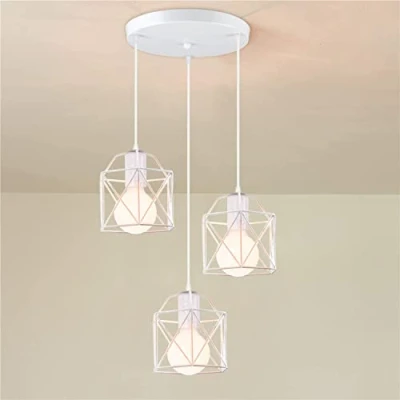 Afbeelding van iDEGU 3 Hanglampen, industriële vintage metalen kooi, zeshoekig, plafondlamp, lampenkap, geometrisch, design, E27, plafondlamp voor slaapkamer, eetkamer, woonkamer (wit)