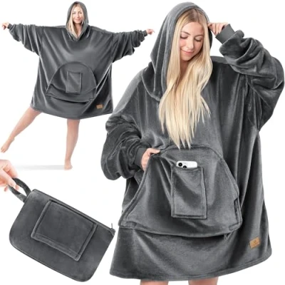 Afbeelding van KESSER® deken met capuchon, knuffeldeken mouwen, veelzijdige trui om aan te trekken voor dames en heren, oversized Antraciet