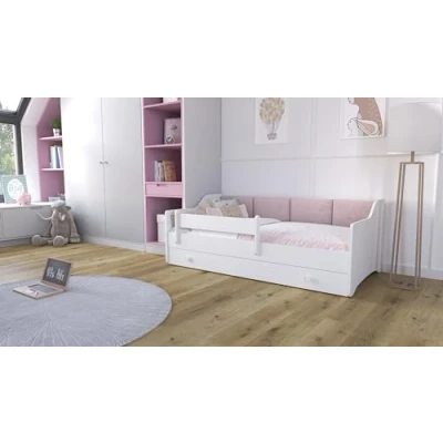 Afbeelding van KOBI Eryk Kinderbed, wit, 160 x 80 cm, gestoffeerde panelen, lade, matras, leuningen, voor kinderkamer, meisjes, een jongen (roze panelen)