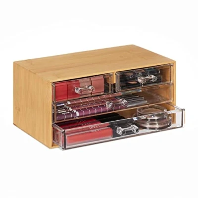 Afbeelding van Relaxdays make up organizer 4 lades bamboe bureau kleine kaptafel
