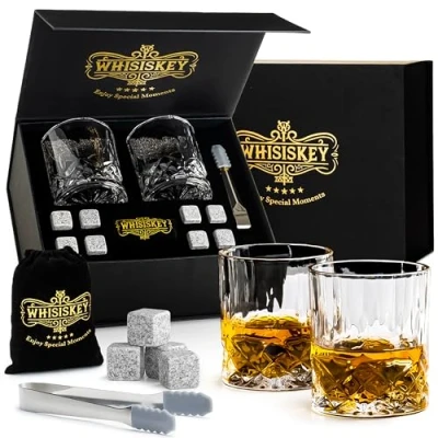 Afbeelding van Whisiskey Luxe Whiskey Set Incl. 2 Glazen, 8 Stones, Fluwelen Opbergzak, Opbergbox Whisky Geschenkdoos Glas Herbruikbare IJsblokjes