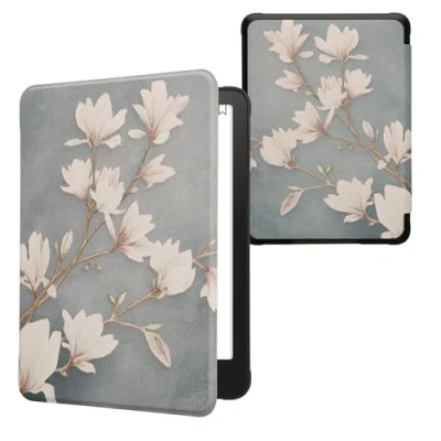 Afbeelding van kwmobile E reader hoesje geschikt voor Amazon Kindle Paperwhite (2024)/Colorsoft hoes flip case met magnetische sluiting Ereader cover Magnolia design in taupe / wit blauwgrijs