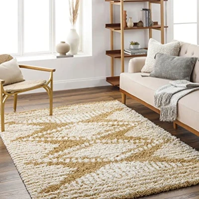Afbeelding van SURYA Vloerkleed Woonkamer, Slaapkamer Zacht Hoogpolig Shaggy Boho Tapijt NURIA Wit/Moutarde 160x220 cm
