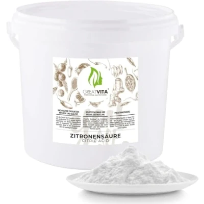 Afbeelding van GreatVita citroenzuur monohydraatpoeder 5 kg, geschikt voor levensmiddelen, zuiver E330, GMO vrij, voedingszuurmiddel, ideaal ontkalken, reinigen, bakken, koken