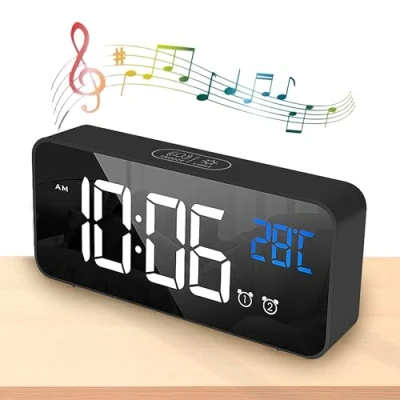Afbeelding van WDEC Digitale led wekker, 2 alarm, USB oplaadpoort, 13 muziek, snooze functie, akoestische sensor en touch sensor, temperatuurweergave, 4 helderheidsniveaus (zwart)