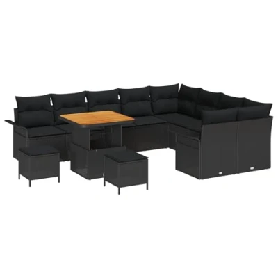 Afbeelding van vidaXL 12 delige Tuin Sofa Set met Kussens Zwart Poly Rattan Acacia, 3 Eet 2 zits