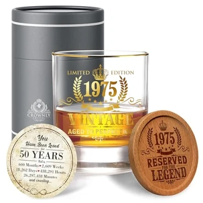 Afbeelding van CROWNLY CRYSTAL® 1975 Cadeau Heren 50 Jaar Whiskey Bril Gepersonaliseerde Mok Verjaardagsdecoraties 50e Verjaardag Mannen Ideeën Geschenken Voor Hem