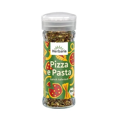 Afbeelding van Herbaria biologische pizza en pastastrooier, 50 g, kant klare pasta pizzakruiden voor Italiaanse gerechten, met prachtige ingrediënten, in praktische kruidenpot van glas