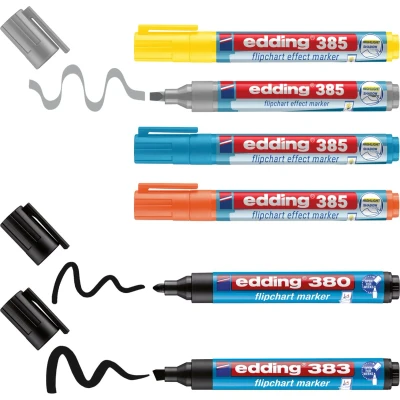 Afbeelding van edding 385 flipchart effect marker set met flexibele punt + stiften 6 zwart, geel, grijs, blauw, oranje navulbaar in bewaardoos