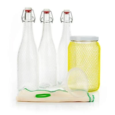 Afbeelding van myFERMENTS Probiotische drankbereidingsset fermentatieset voor bier, kefir grote glazen potten van 2 l, 3 flessen 750 ml met luchtdichte afdichting, trechter 10 cm, chiffon stof