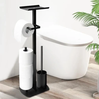 Afbeelding van Staande toiletpapierhouder van roestvrij staal met toiletborstel, vochtige doekjesdoos, voor toiletpapier en toiletborstel
