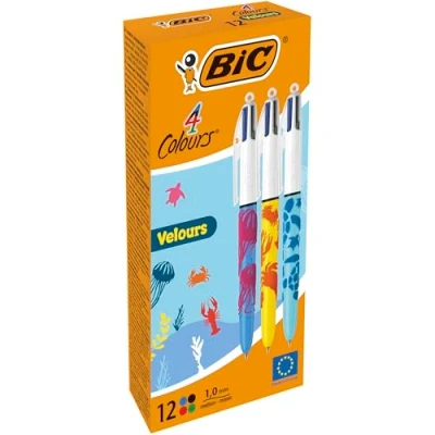 Afbeelding van Bic 4 Colours Velours, balpen, 0,32 mm, klassieke inktkleuren, doos van 12 stuks balpen