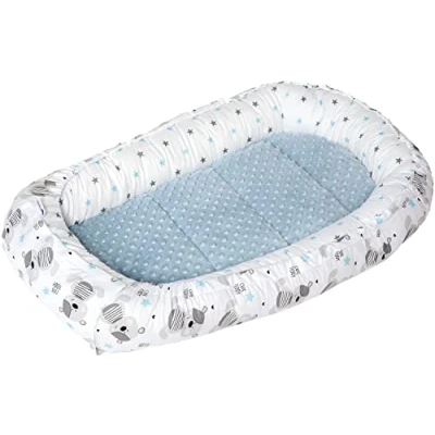 Afbeelding van Medi Partners Babybedverkleiner, cocon, 100 x 60 15 cm, 100% katoen, babynest voor pasgeborenen, kussen, deken, afneembaar inzetstuk (Teddy met minky blauw)