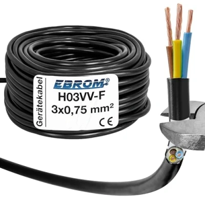 Afbeelding van EBROM Ronde kunststof slang H03VV F 3 x 0,75 mm², kleur zwart, verschillende lengtes in stappen van 5 meter tot 200 meter, 3G0,75 kabellengte 30 m