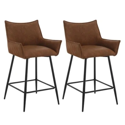 Afbeelding van WOLTU Set van 2 barkrukken, gevoerde bistrokruk, eetkamerstoel kunstleer, kinderstoel met metalen poten, voetensteun, rugleuning, armleuningen, bruin, BH391br