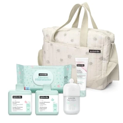 Afbeelding van Suavinex, Babytas met cosmetica: Syndet shampoogel 300 ml + vochtinbrengende lotion luiercrème 75 Baby Cologne Memories 100 doekjes 72 stuks, grijs