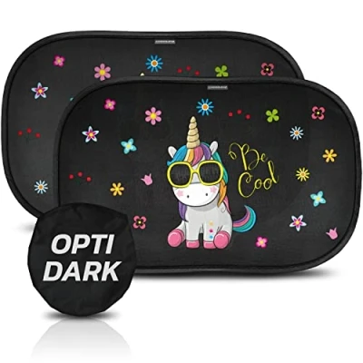 Afbeelding van Optimal Darkness Autozonwering met UV bescherming, zelfklevend, zonwering voor baby&#039;s en huisdieren, 2 zonneschermen baby&#039;s, 51 x 31 cm, motief eenhoorn