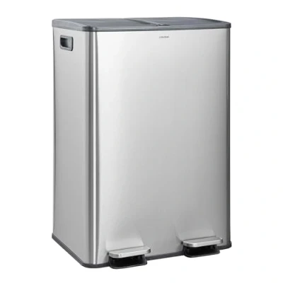 Afbeelding van CASABEL Vuilnisbak voor keuken, afvalscheiding, 2 x 30 l, dubbele vakken, geborsteld roestvrij staal, rechthoekige recyclingafvalemmer met pedalen, anti sporen, geurremmend, Frans bedrijf