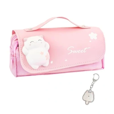 Afbeelding van HDGSAFD 1 delig pennenetui voor katten, met kattenhanger, cartoon schoolbenodigdheden, opbergtas schrijfwaren, draagbaar, etui 3 vakken,, Roze, Schattig