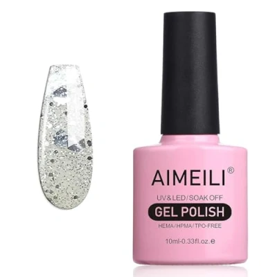 Image de AIMEILI Vernis Semi Permanent 10ML Argent Pailleté, à Ongles Gel UV LED Polish Soak Off Manucure Marbré (034)
