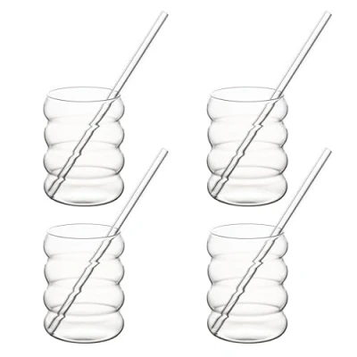 Afbeelding van Hanseküche Set van 4 bubbelglazen met rietje glas [4 x 350 ml] ideaal voor ijskoffie, water en cocktails longdrinkglazen, ijskoffieglazen, ijskoffieglazen