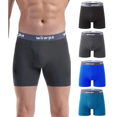 Afbeelding van wirarpa Set van 4 boxershorts stretchkatoen met open gulp en zonder etiket voor heren, normale pijpen, zwart/blauw/groenblauw/grijs