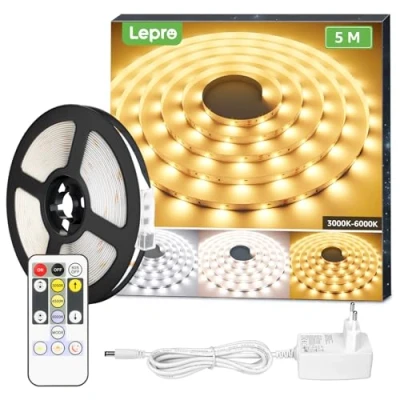 Afbeelding van Lepro Set ledstrips, 5 m, dimbaar, warm wit tot koud wit, 12 V, zelfklevend, flexibel, doe het zelf, IP20, 300 leds, SMD 2835, voor interieurdecoratie, keuken, slaapkamer