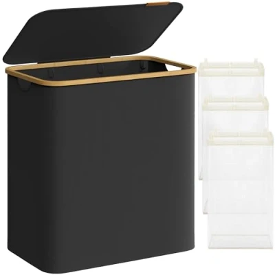 Afbeelding van SONGMICS Wasmand met deksel, wasverzamelaar 3 vakken, 150 l, uitneembare waszak, Oxford weefsel, handgrepen van bamboe, inklapbaar, 60 x 38,5 70,5 cm, inktzwart